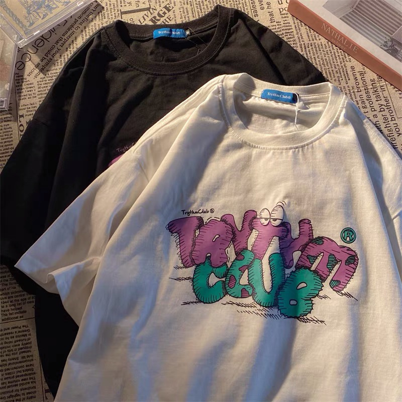 Men's Summer New Candy Color Letter Loose T-Shirt Crewneck Half Sleeve Top