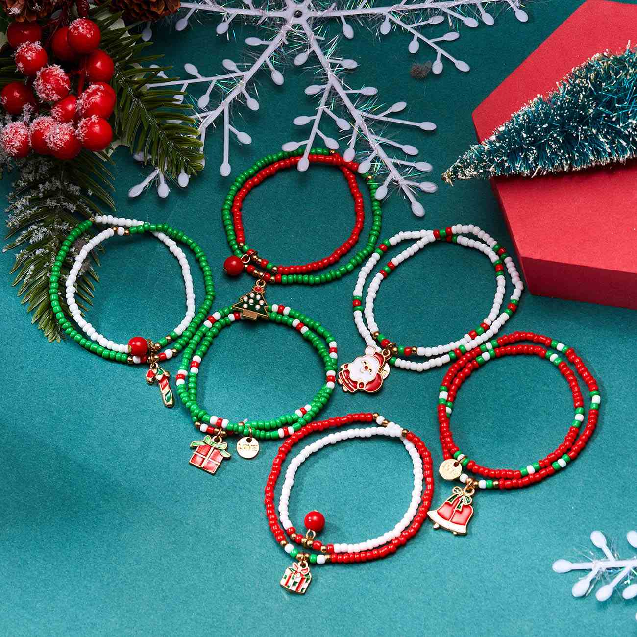 BR23Y0663 Christmas Series Gift Jewelry Handmade Tiny Seed Bead Double Layer Elastic Chain Christmas Enamel Charms Beaded Bracelets