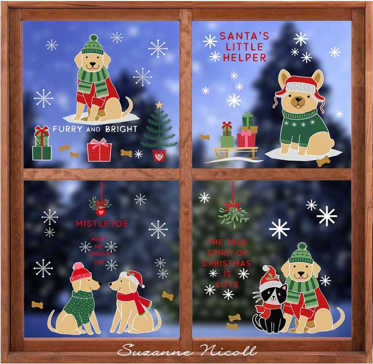 Christmas Window Clings Cute Dog Christmas Window Stickers Double Side Printed Dog Christmas Clings for Glass Windows Snowflakes Window Stickers for Home School Office Decorations 4 Sheets