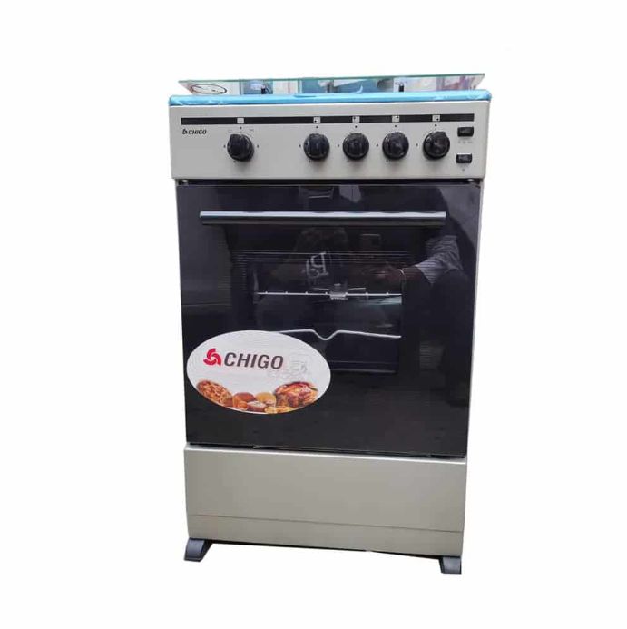 Chigo F5402-ILG-IS 4 Burner 50x50 Stove with Oven and Grill - Auto Ignition, Top Glass Lid, Accessories: Deep Tray, Wire Grill, Coffee Pot Support Unit