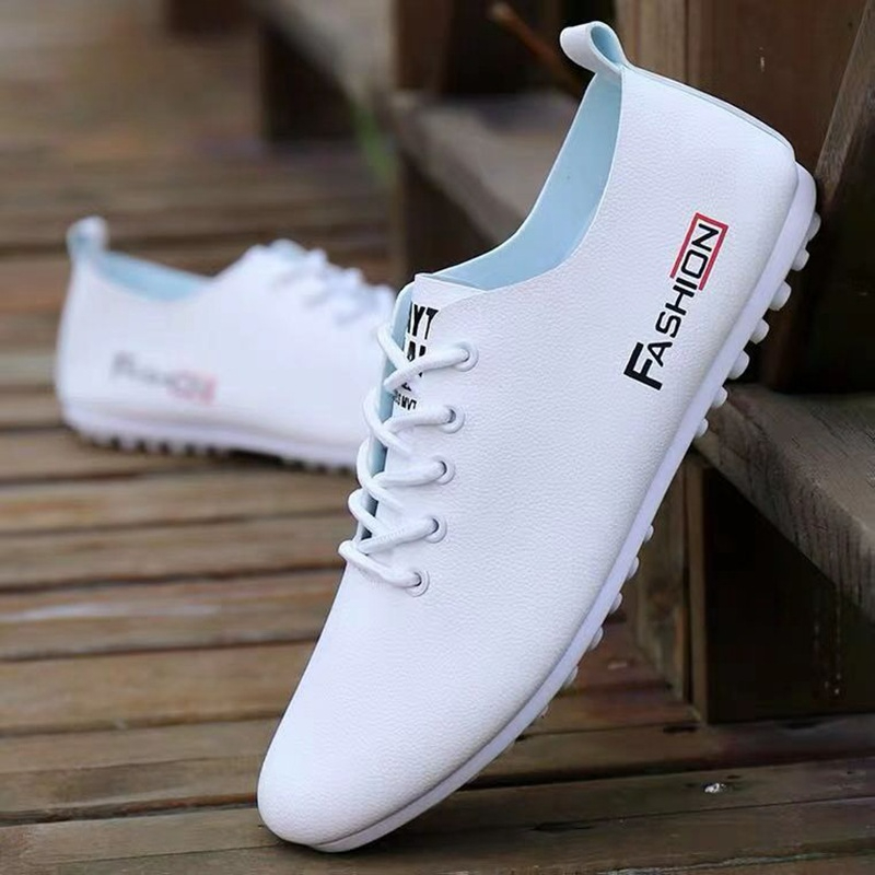 Men's white casual shoes CRRshop free shipping hot sell male new fashion trend Men's shoes popular bean shoes new white shoes trend leather shoes British casual shoes 39-44 front tether leisure shoes