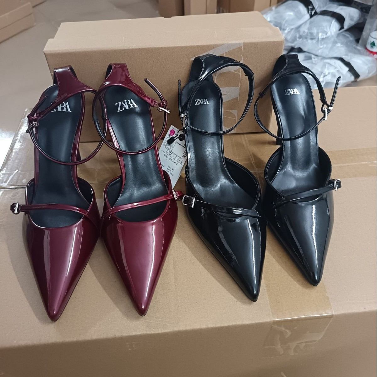 ZA women's shoes 2024 autumn new women's shoes wine red patent leather pointed shallow mouth high heel one line buckle strap high heels