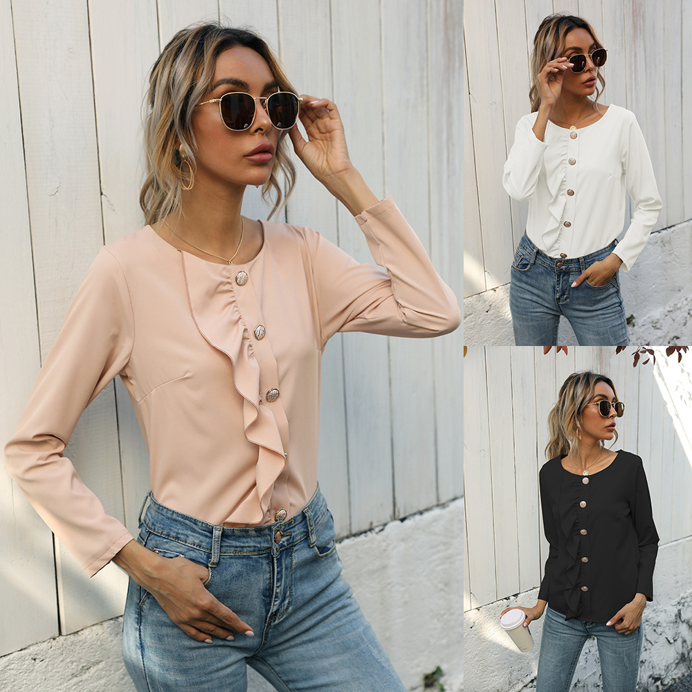 109990 Women Shirt with Buttons Solid Work Wear Lotus Leaf Ladies Fashion Casual Blouse