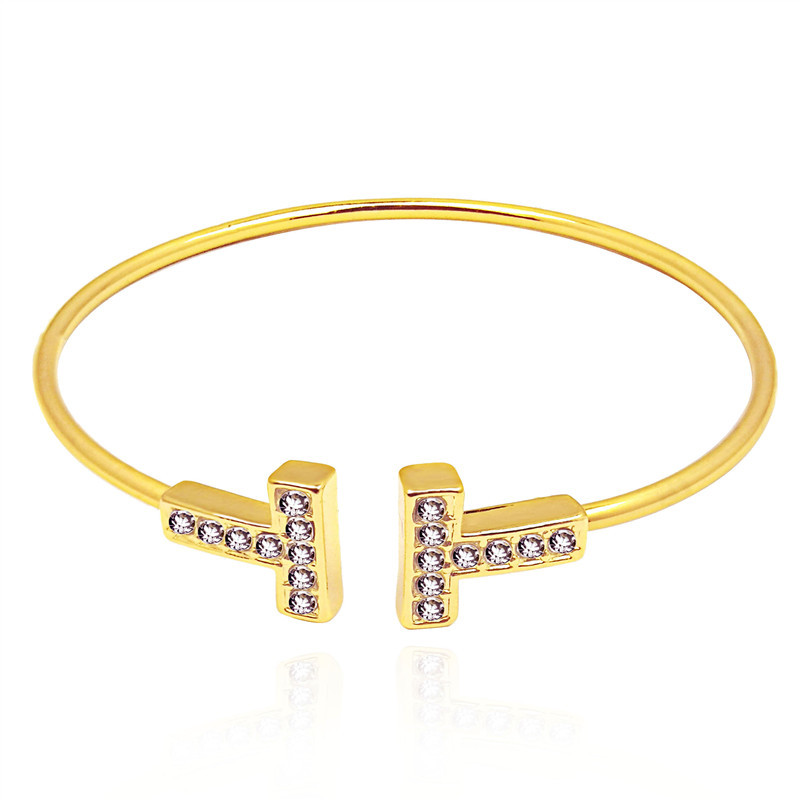 Double T Shape Cuff Bracelets For Women Men Charm Glue Rhinestone Stainless Steel Bangles Best Friend Jewelry Gift