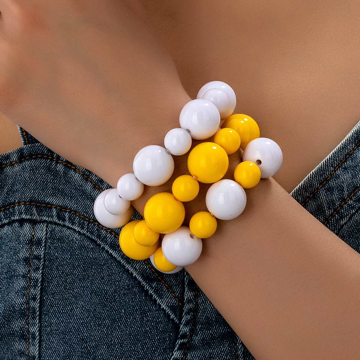 Chunky Yellow & White Beaded Stretch Bracelet, Bold Color Block Design, Large Round Beads, Sweet & Cool Style Statement Jewelry for Women
