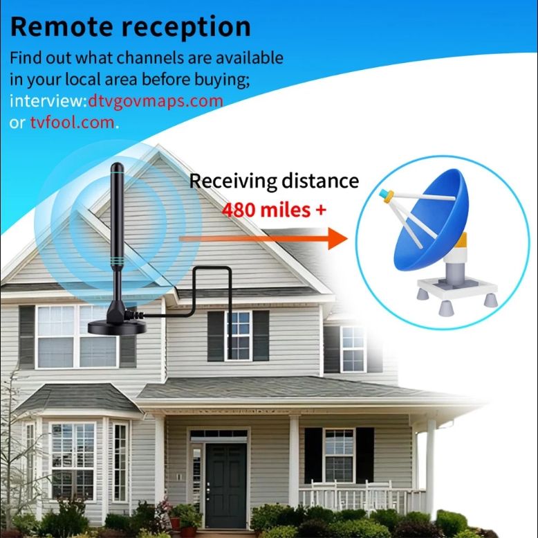 4K/1080P HD Digital TV Antenna with Signal Amplifier 480+ Miles Indoor Outdoor Antenna Magnetic Base VHF UHF Digital HD Aerial