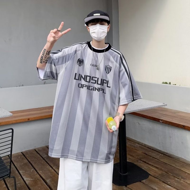 Men's Summer New Loose Five-Quarter Sleeve T-Shirt Round Neck Striped T-Shirt