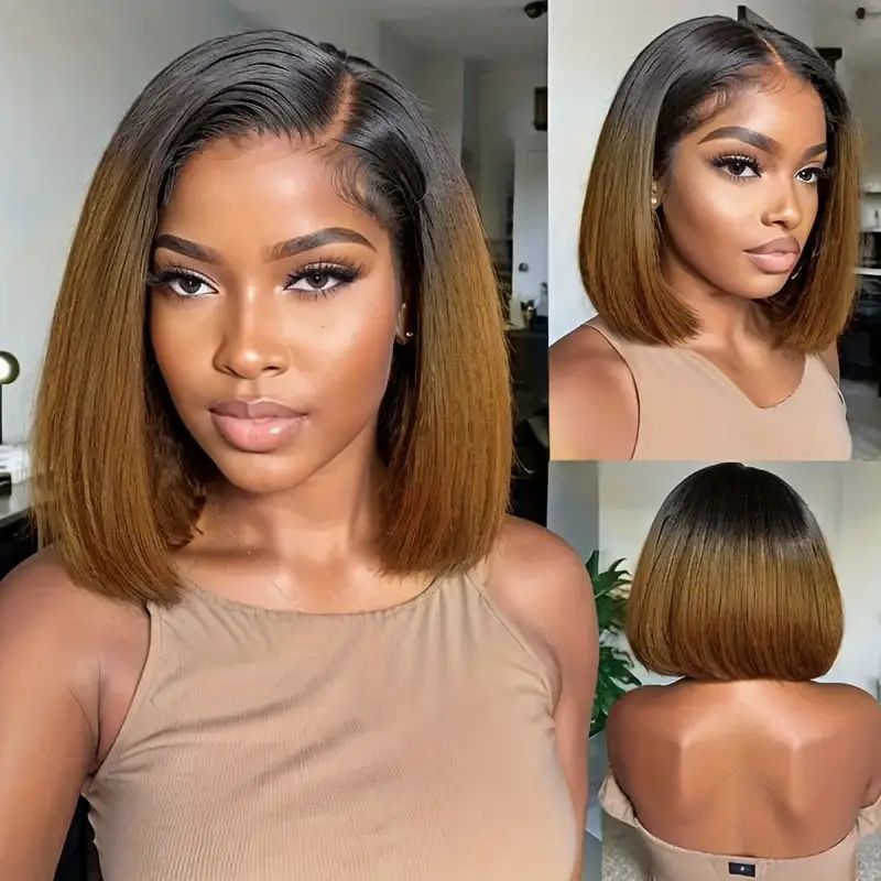 12 Inch Ombre Brown Straight Bob Wig - 13x4 HD Lace Front Human Hair Wig, Natural Black to Honey Brown Ombre Bob Wig with Pre-Plucked Baby Hair, Glueless 150% Density Bleached Knots Ready-to-Wear Wig for Women
