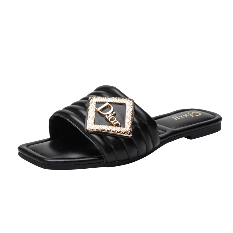 CFXXY-57 Women's Metal Decor Square Open Toe Flat Slide Sandals