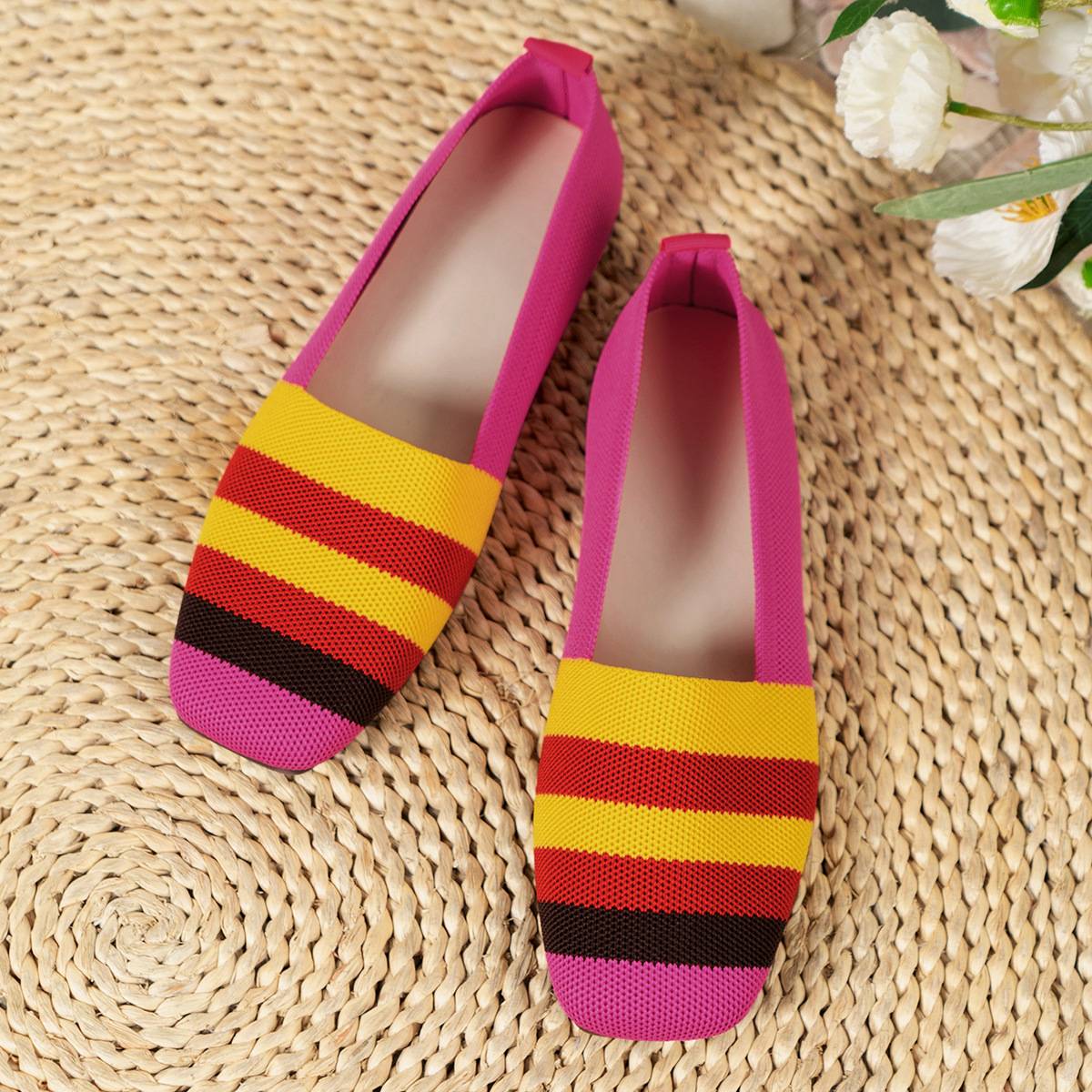 Plus Size 42 Striped Ballet Flats Women Summer Slip-On Soft Knitted Loafers Shoes Woman Breathable Non-Slip Casual Shoes Female