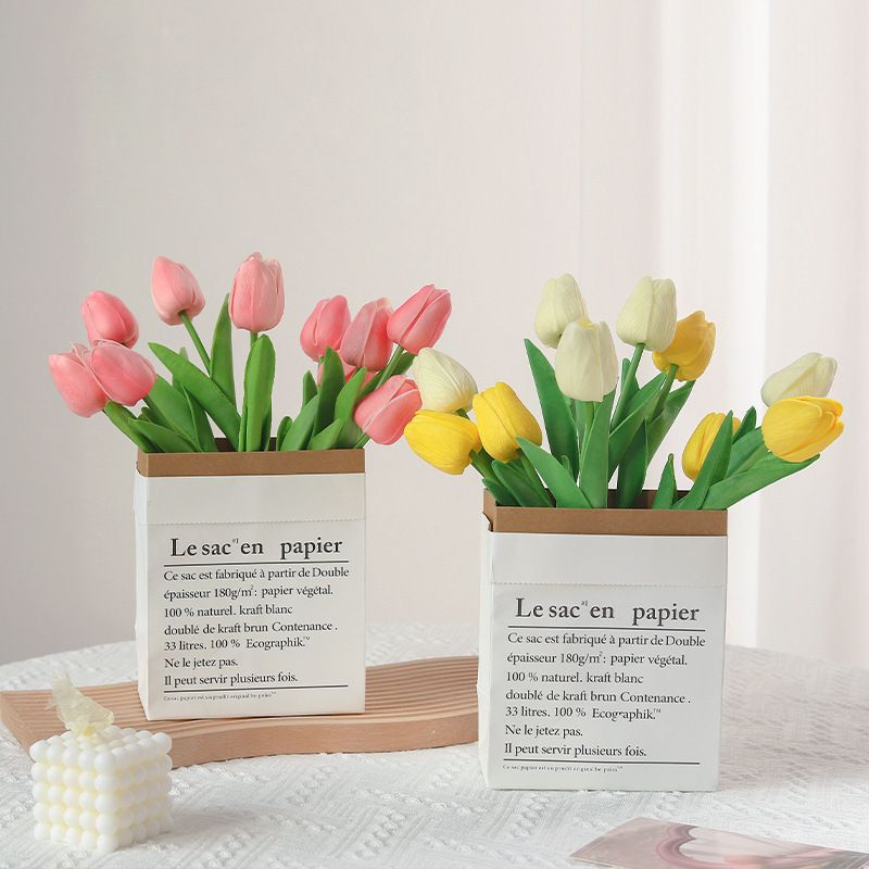 FZH043 5Pcs White Artificial Tulips Silk Flowers, Long Stem and Green Leaves, Fake Flowers Decoration for Vase, Wedding, Party, Kitchen, Office, Home, Bedroom, Table Centerpiece Decor