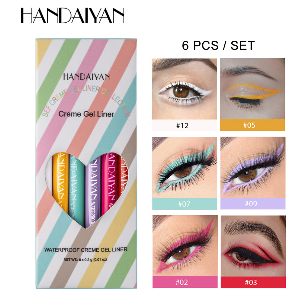 H2016Kit HANDAIYAN Makeup Colored Eyeliner Gel Pencil Kit 6 Colors/box Waterproof Color White Eye Liner Pen Make up Cosmetics Yellow Blue