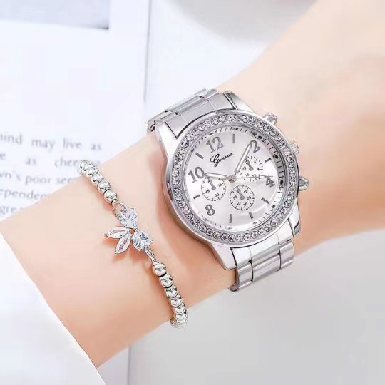099 Luxury Women Crystal Rhinestone Watches Quartz Digital Rose Gold Silver Stainless Steel Watch Beads Bracelet Set