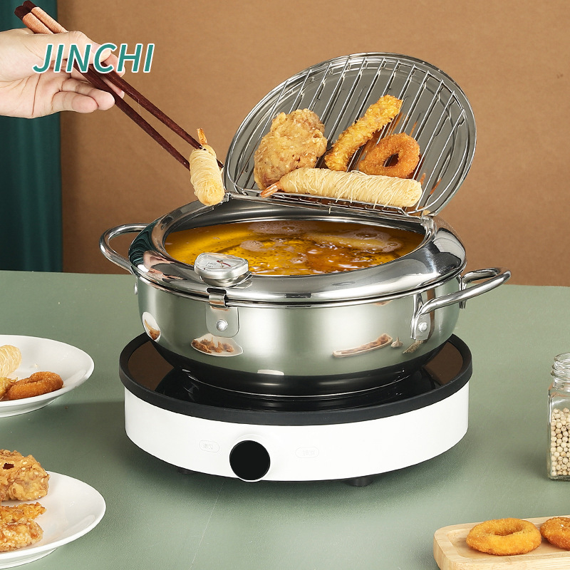 Deep Fryer Pot (°F) - Stylish Tempura Fryer - Small Japanese Style 3.4L Stainless Steel Deep Frying Pot With Lid & Oil Drip Drainer Rack and Detachable Fahrenheit Temperature Control