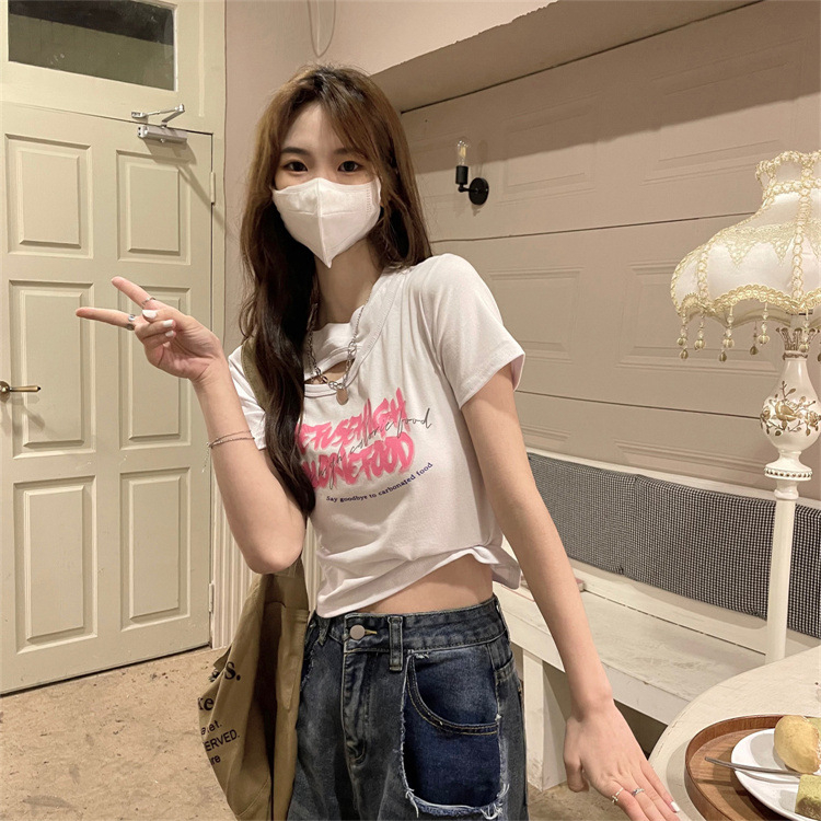 WYP-6791 Women's Fashion Loose Cutout Design Sense Printed Slim Slim Cropped T-shirt