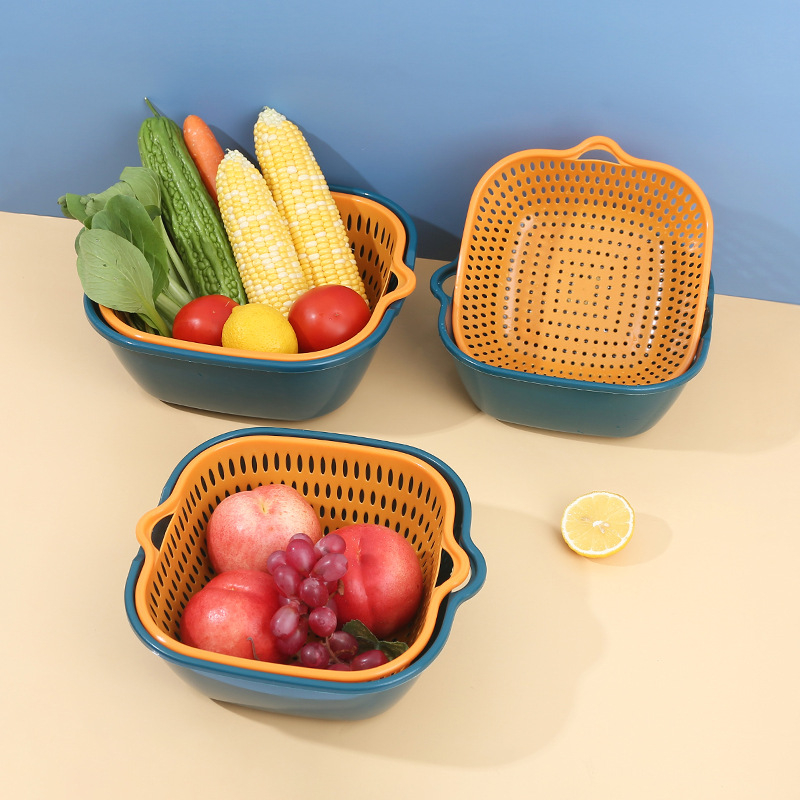 3794 Kitchen Strainer Colander Bowl Sets, 2-in-1 Multifunctional Washing Bowl and Strainer, Double Layered Drain Basin and Basket for Fruits Vegetables (Blue+Yellow)