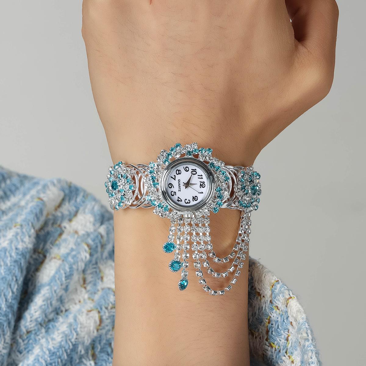 Women's Lake Blue Crystal Tassel Bangle Watch, Silver-Tone Quartz Wristwatch with Dangling Rhinestones, Elegant Fashion Jewelry for Daily & Party Wear
