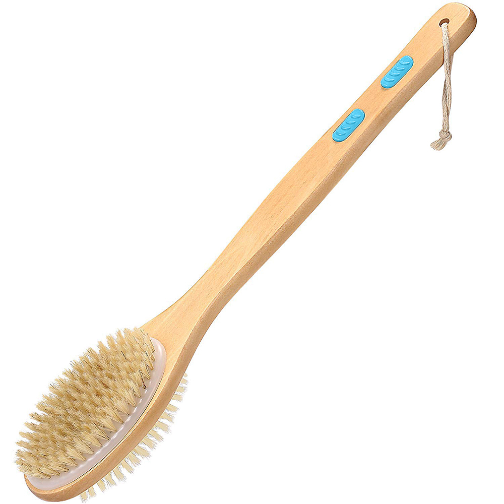 Shower Body Exfoliating Brush, Bath Back Cleaning Scrubber with Long Wooden Handle, Dry or Wet Skin Exfoliator Brush with Soft and Stiff Bristles Back Washer for Men Women