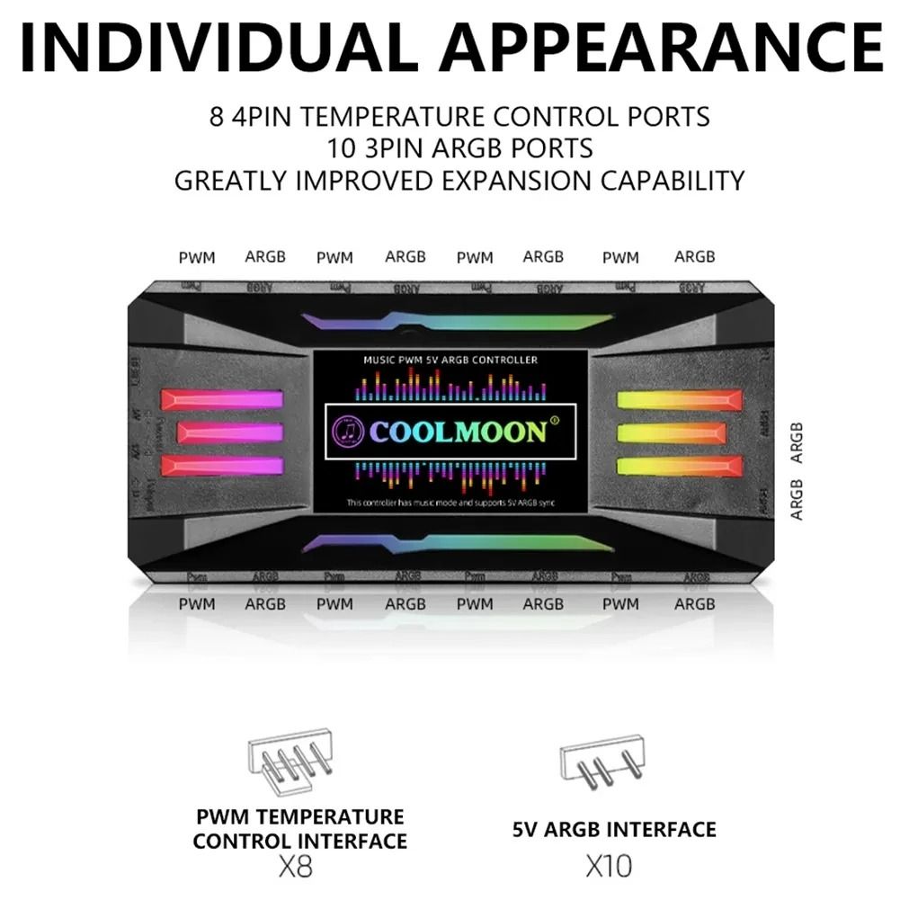 AUNONT CoolMoon Magnetic ARGB Controller Wireless Remote Control 4Pin PWM 5V 3Pin ARGB Aura Sync PC Case Cooling Fan HUB for Computer
