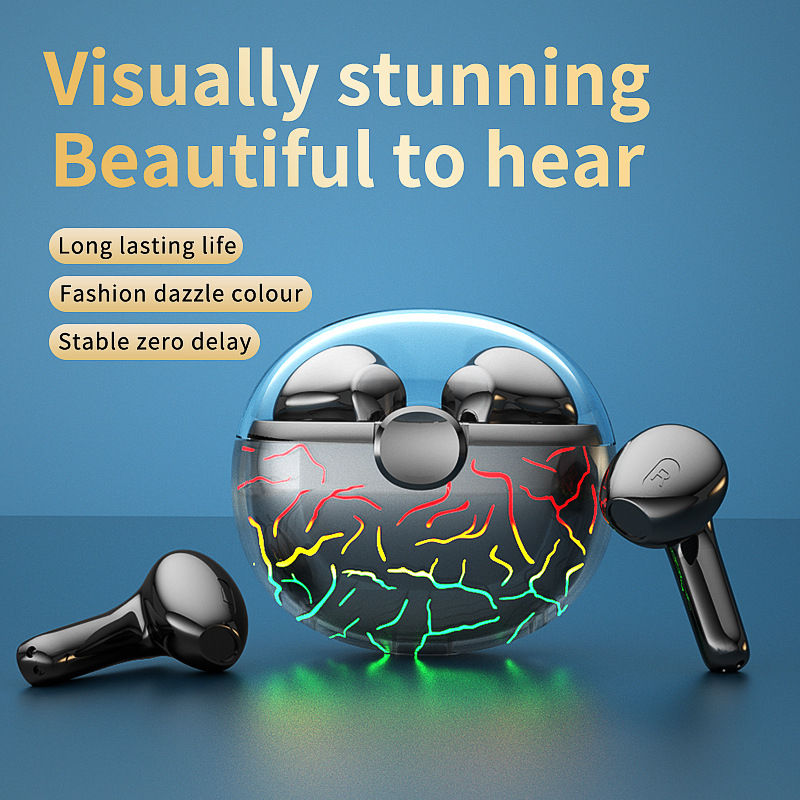 New TWS VG58 breathing light colorful burst crack transparent cover wireless sports bluetooth headset