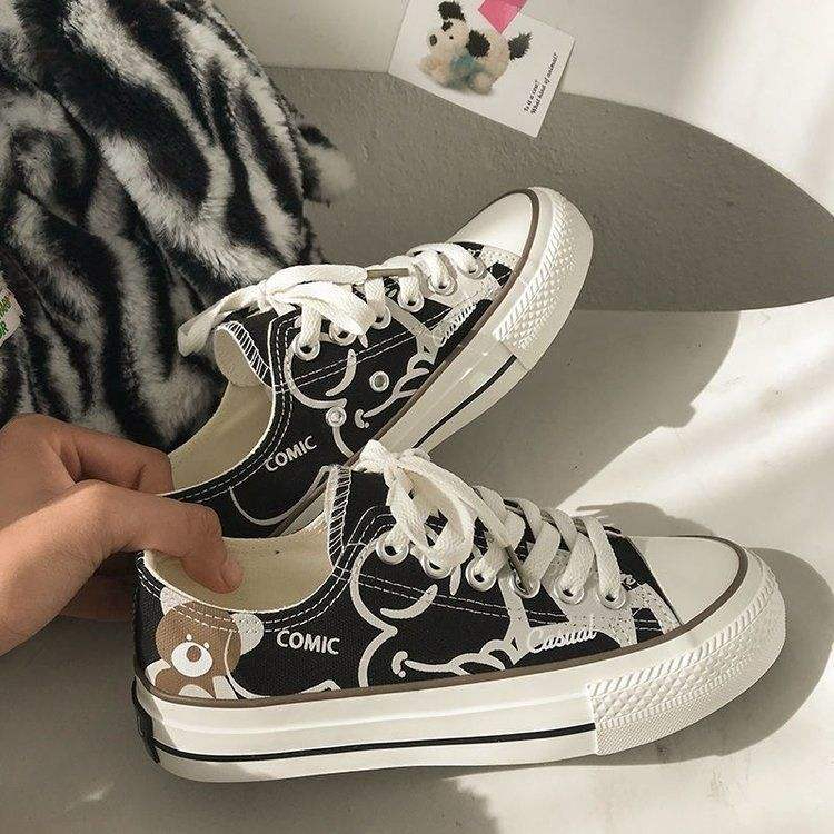 Women's Spring/Summer New Cute Little Bear Canvas Shoes Casual Versatile Flat Sole Shoes