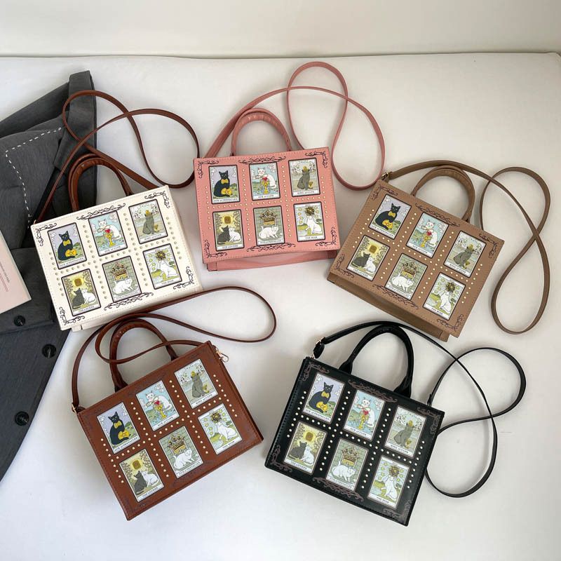 Women's Cute Cat Print Tote Bag, PU Leather Top-Handle Crossbody Purse with Adjustable Strap, Unique Graphic Design Shoulder Bag in 5 Colors
