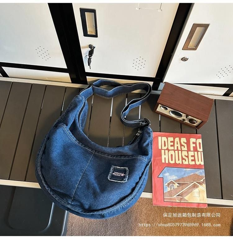 QJLX8157 Women's Autumn New Large-Capacity Denim Shoulder Bag Solid Color Patchwork Shoulder Bag