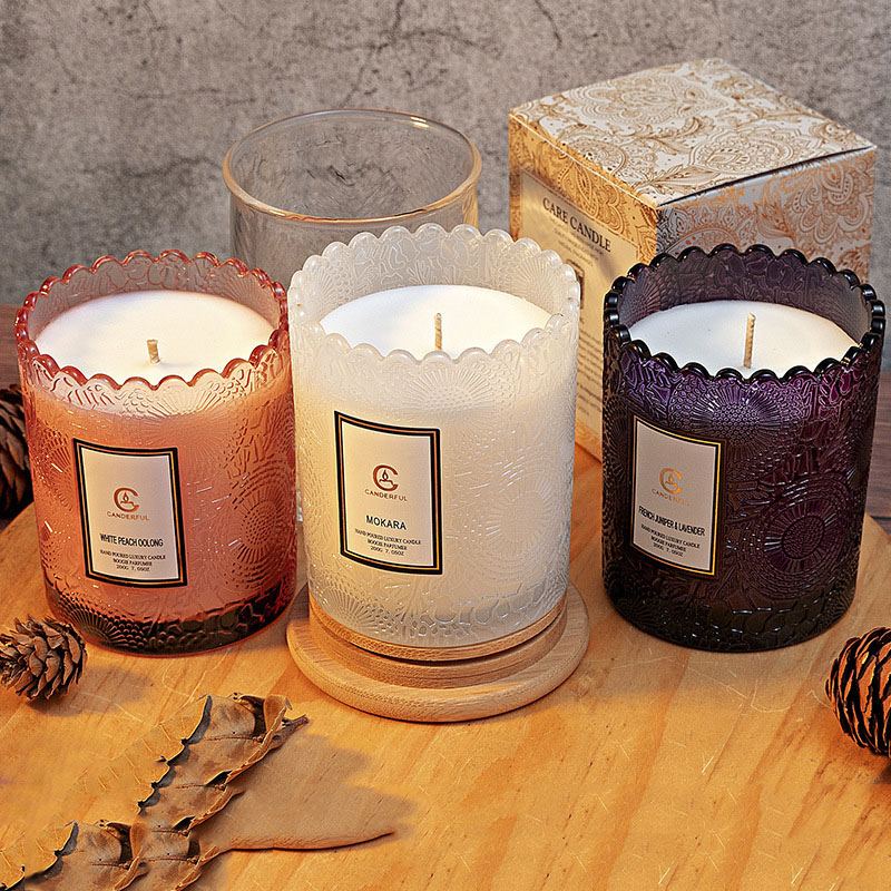 HHB1058 Aromatherapy Soy Wax Multi Color Glass Embossed Candle Jars Scented Candles In Bulk