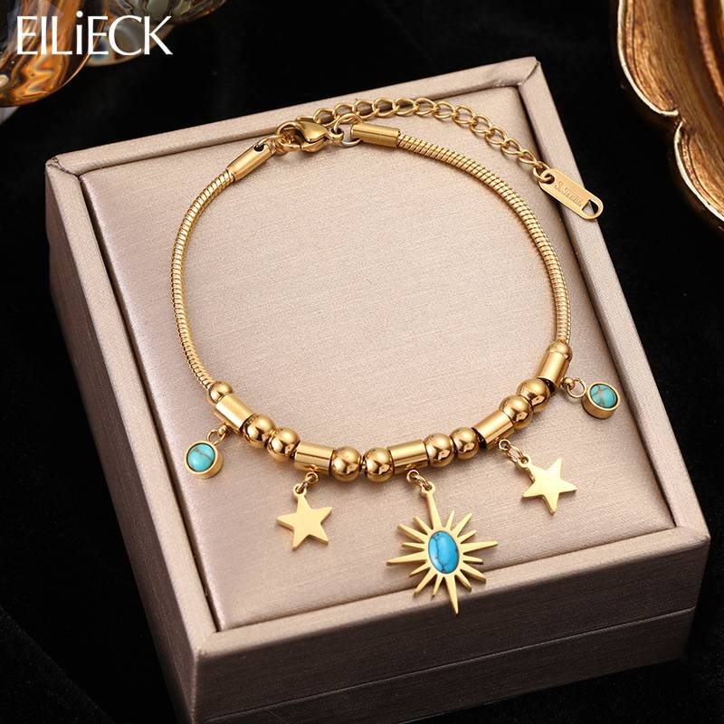 SLE2129 Stainless Steel Green Stone Star Charm Bracelet For Women Girl New Vintage Lady Bangles Waterproof Jewelry Gift
