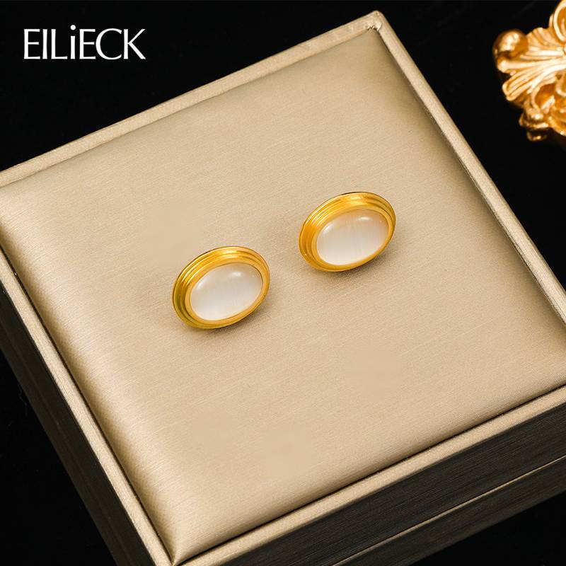 T1628 Stainless Steel Oval White Stone Stud Earrings For Women New Trendy Waterproof Ear Jewelry Party Wedding Gift