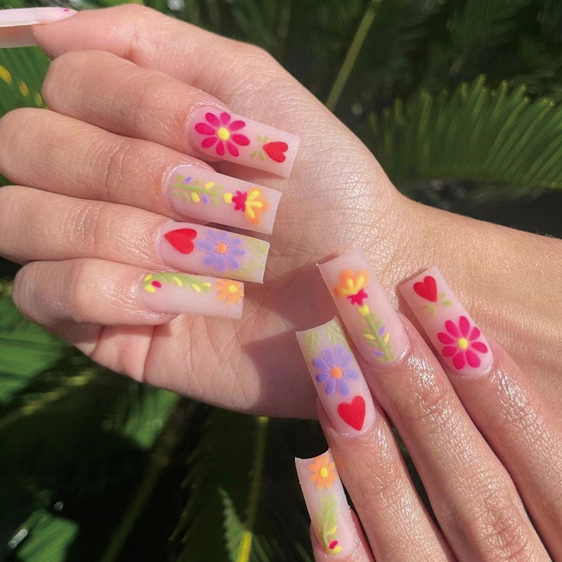 JP1745 24 Pcs Matte Press on Nails, Medium Coffin Sun Flower Heart Prints Fake Nails, Full Cover Artificial False Nails for Women and Girls