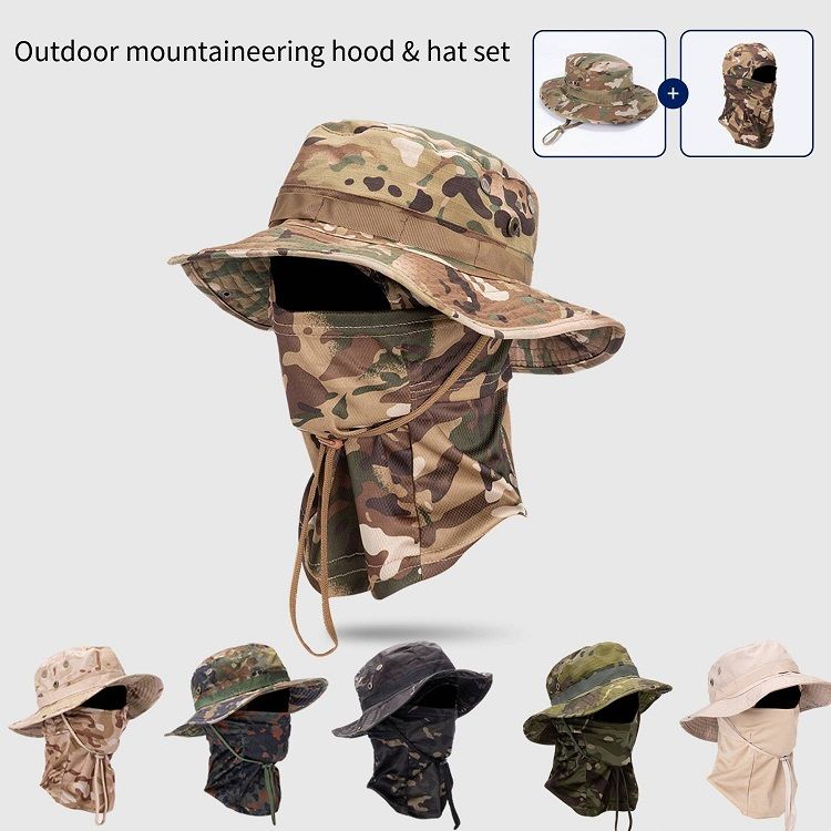 Men's Camo Sun Protection Boonie Hat with Removable Face Neck Gaiter, Quick-Dry Breathable Wide Brim Bucket Hat for Fishing Hunting Hiking Outdoor Activities
