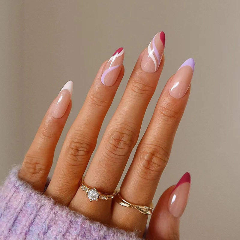 JP1689 24 Pcs Glossy Press on Nails, Medium Stiletto French Line Pattern Fake Nails, Acrylics Full Cover False Nails for Women and Girls