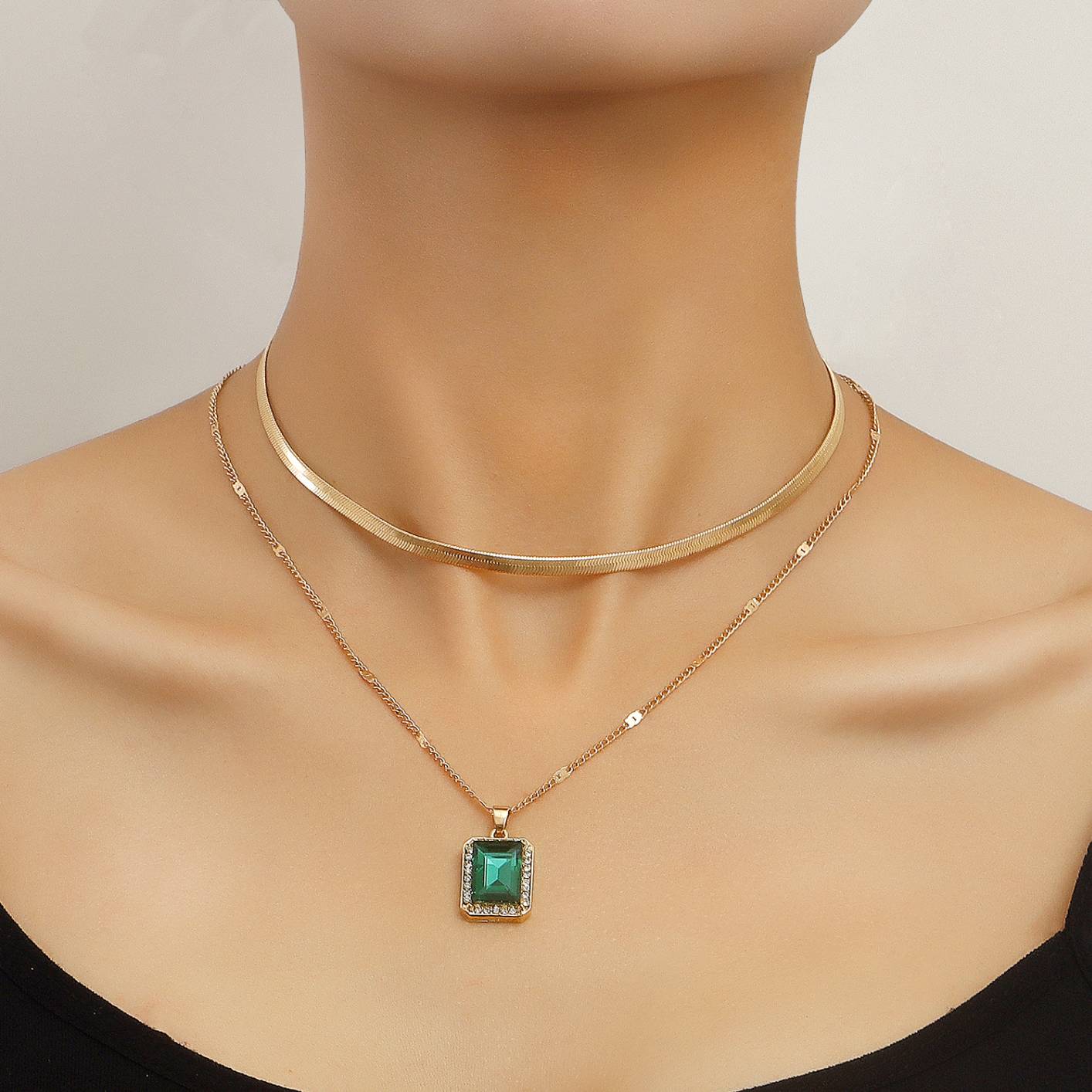 ZW2250 Women's Niche Retro Double Layered Gemstone Pendant Collarbone Chain Snake Bone Geometric Necklace