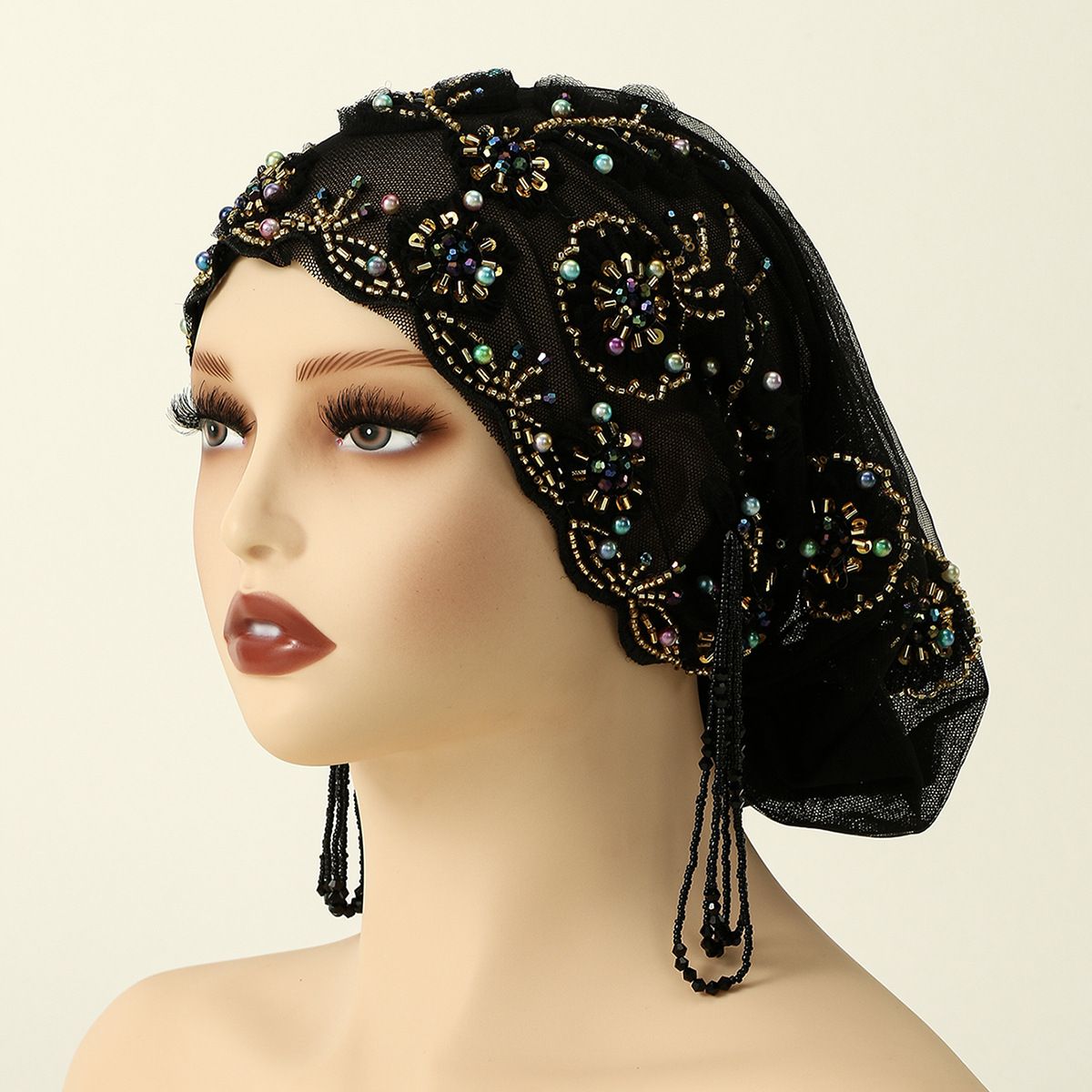 New Arrival Women Hand‑Crafted Lace Beaded Head Wrap Cap, Fashion Versatile Full Hair Cover Headscarf, Comfortable Breathable Turban Hat for Ladies Daily Party Wear