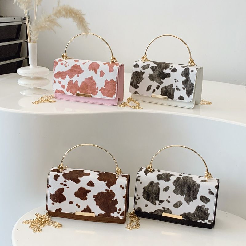 Cow Print Mini Crossbody Bag, Women's Fashion Chain Shoulder Bag, Metal Handle Top-Handle Satchel, 2026 New Design Small Square Purse, Stylish Clutch for Daily & Party Use
