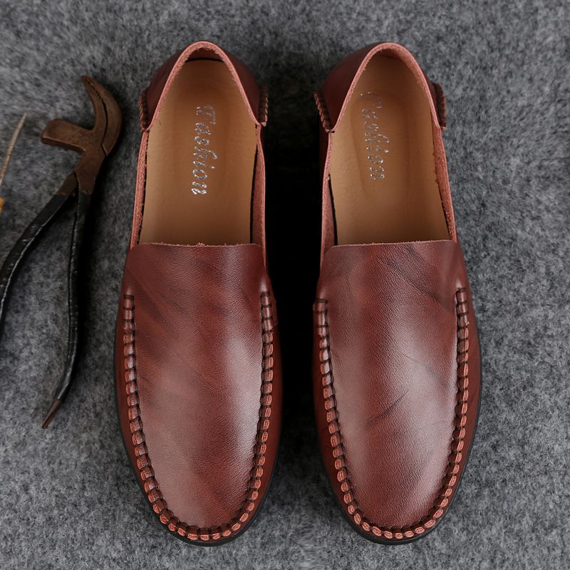 【Genuine Cow Leather & Breathable】Men Fashion Loafer Flats For Male Casual Flat Cowhide Shoes British Slip On Leisure Footwear