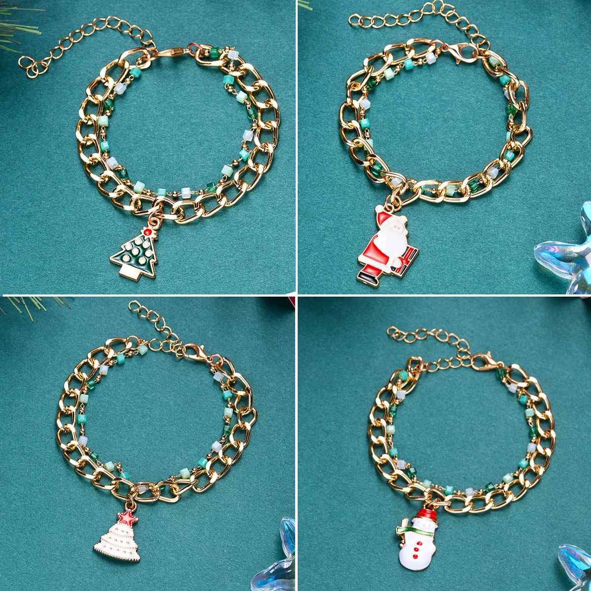 BR23Y0664 Christmas Series Gift Double Layer Bracelet Handmade Enamel Santa Tree Snowman Charm Cuban Ball Chain Bracelet Jewelry