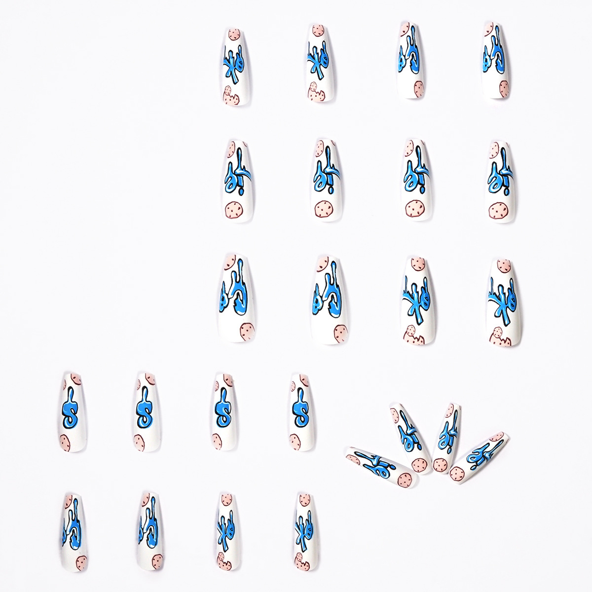 JP1169 Extra Long Coffin Press on Nails, 24Pcs Glossy Ballerina Acrylic Nails, Cookies Graphic False Nails with Design Full Cover Fake Nails for Women & Girls
