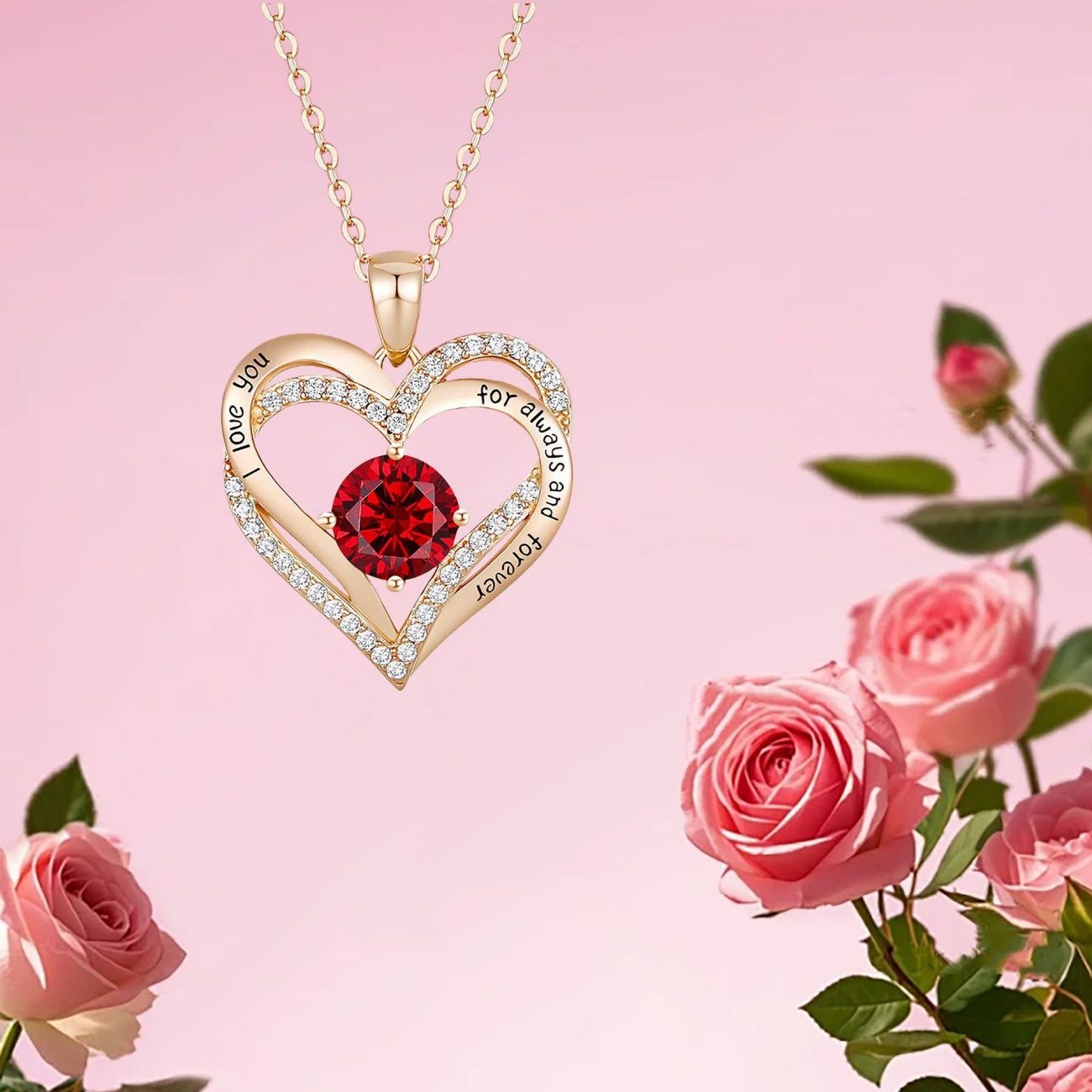 Popular 12 Birthstone Double Layer Heart Pendant Necklace Women Fashion Versatile Clavicle Chain Jewelry Gift