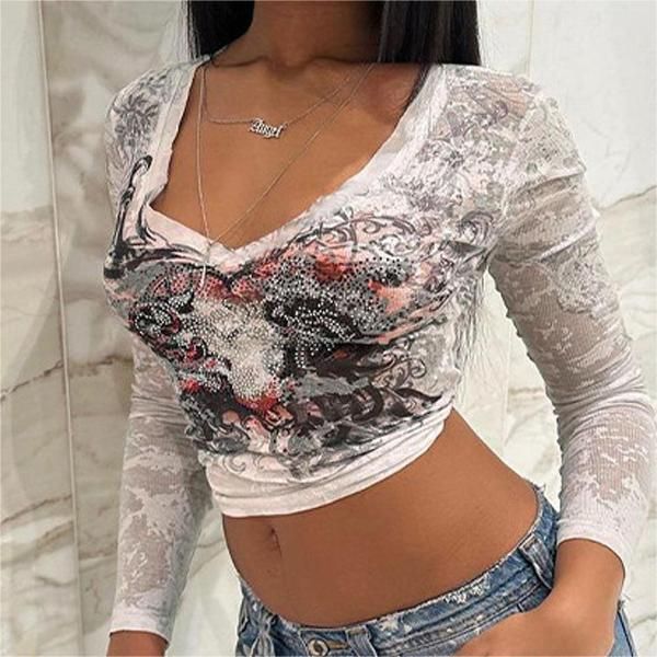 BE904 Women's New Sexy V-Neck Long Sleeve T-Shirt Printed Slim Fit Crop Top