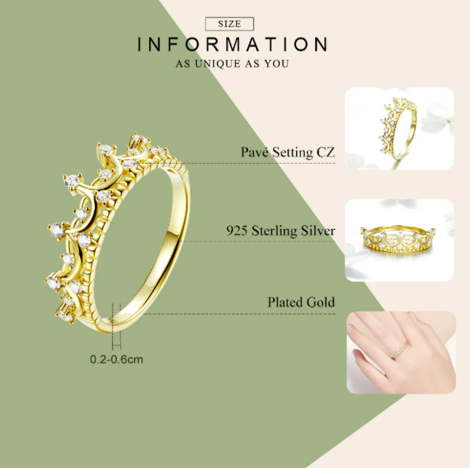 925 Sterling Silver Princess Crown Gold Color Crown Rings for Women Wedding Ring Jewelry Anel SCR493