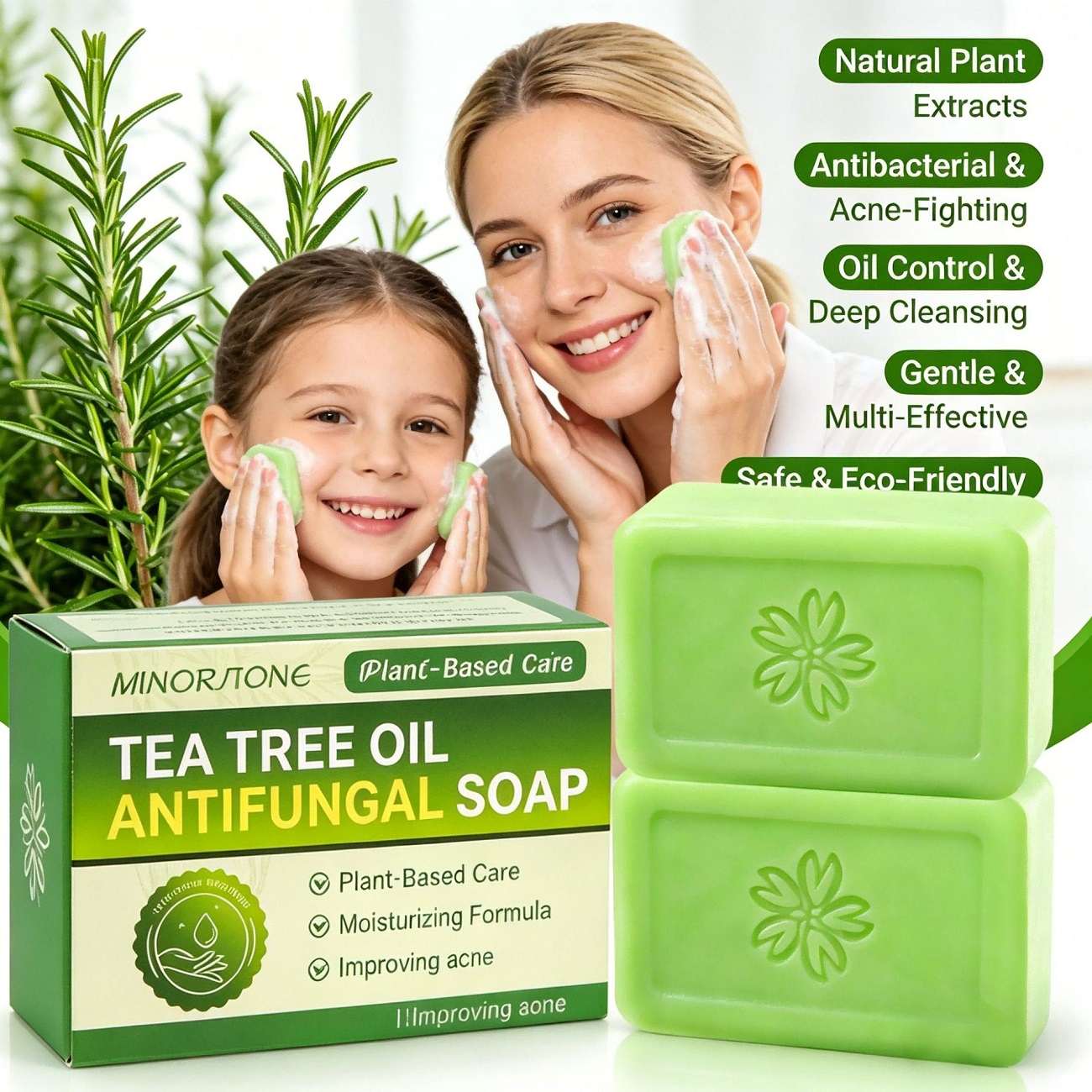Tea Tree Oil Antifungal Soap, Natural Plant-Based Cleansing Bar for Acne, Moisturizing, Deep Cleansing, Gentle for Sensitive Skin, 115g/bar
