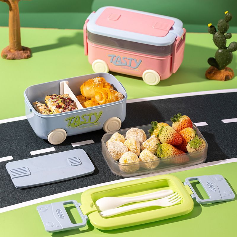 Microwave Safe Bus Shaped Lunch Box Set 1100ml Leakproof Bento Box with 550ml Water Bottle Portable Double Layer Food Container for Kids Adults School Office Picnic
