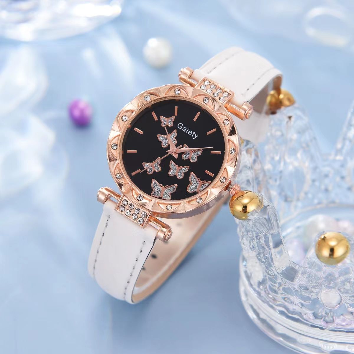 6pcs Luxury Watch Women Ring Necklace Earrings Bracelet Set Watches Butterfly Leather Strap Ladies Quartz WristWatch No Box1Pcs White Watch