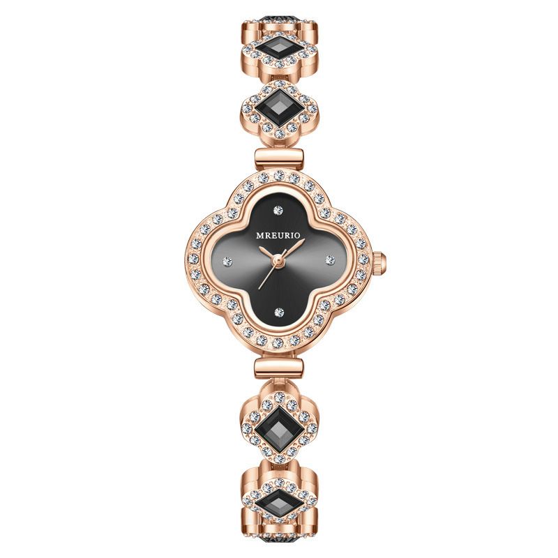 Best Wrist Watches For Ladies  Four-Leaf Clover Bracelet, Versatile, Luxurious, Green Gem-Set Diamond Compact WatchBlack