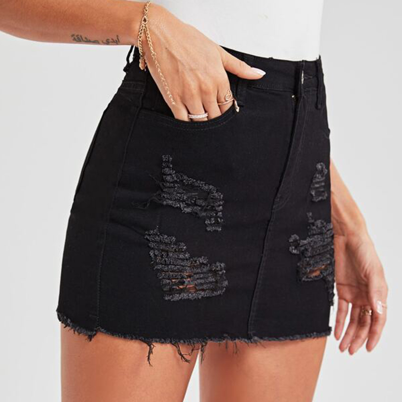 CL887-1 Women's Ripped Raw Hem Denim Skirt