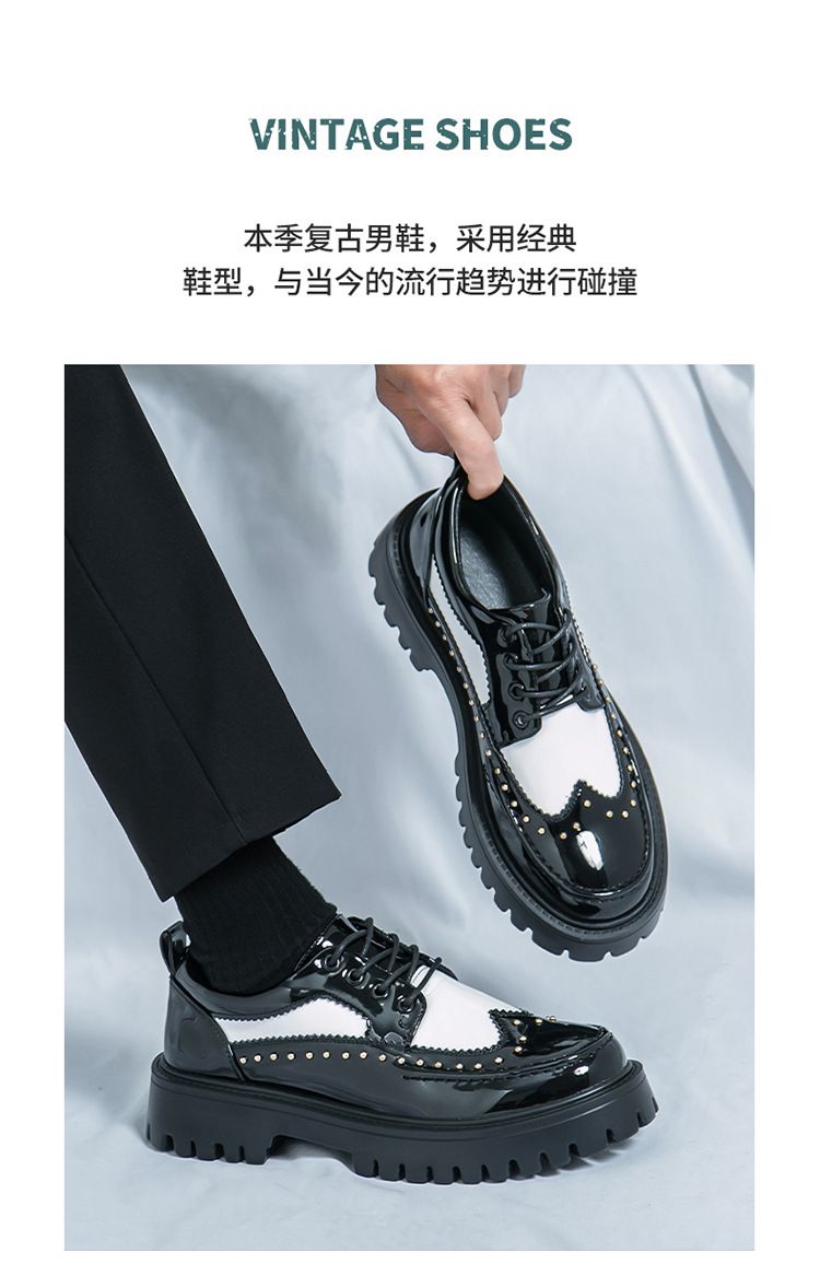 Cross-border large-sized 2025 formal casual shoes with rivets, personalized barber leather shoes, thick-soled height-increasing, black and white fashionable men's shoes