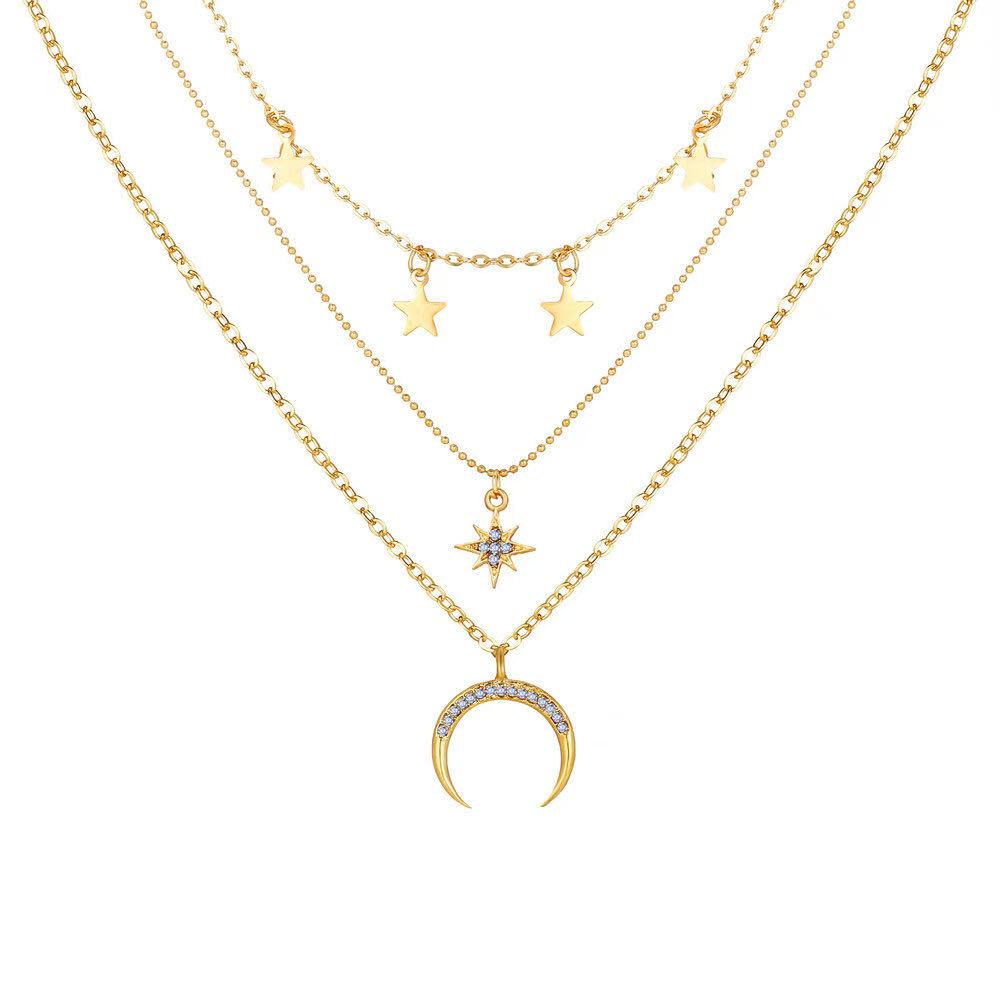 Fashion crystal sequin necklace temperament trend multi-layer metal pendant clavicle chain jewelry