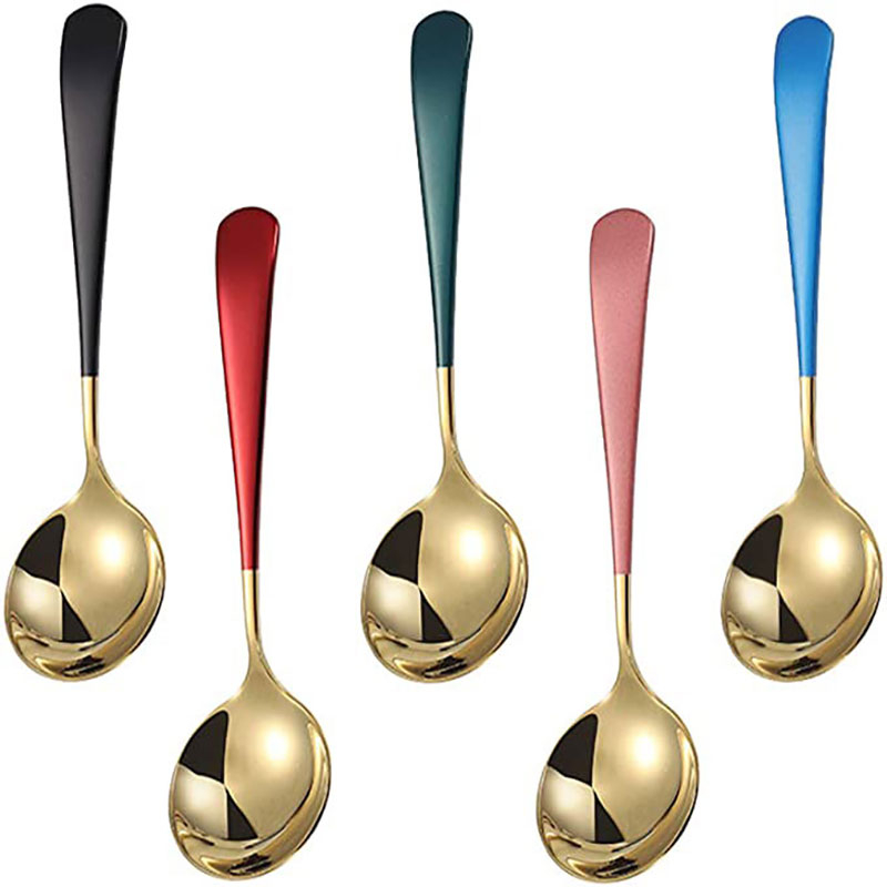 WH07-410 Metal Soup Spoons,Stainless Steel Spoons for Soup Round Colorful Dinner Spoons Thick Short handle Tablespoon 6.3-Inch